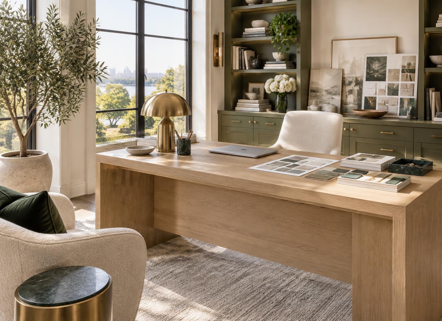 Ambiance de bureau : espace lumineux, bureau en bois et moodboards